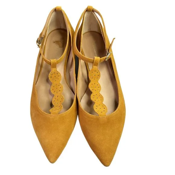 Anthropologie T-Strap City Flats Pointed Golden Mustard Yellow Women 9.5
