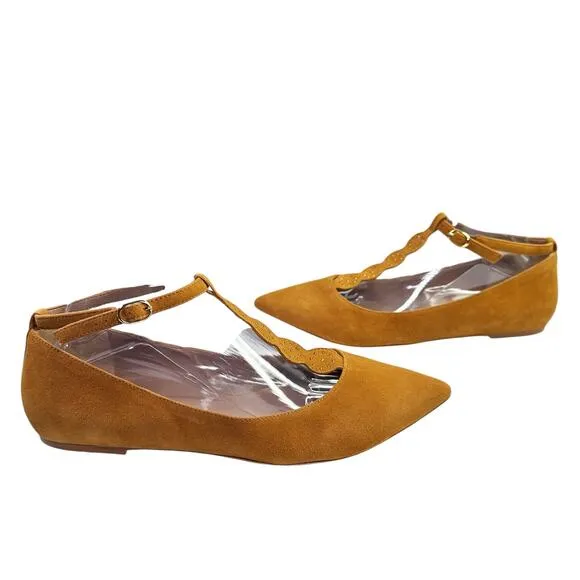Anthropologie T-Strap City Flats Pointed Golden Mustard Yellow Women 9.5