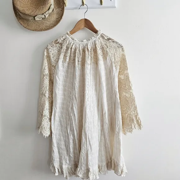 Anthropologie TRYB Rory Lace Babydoll Cotton Cream Bohemian Bell Sleeves Dress S