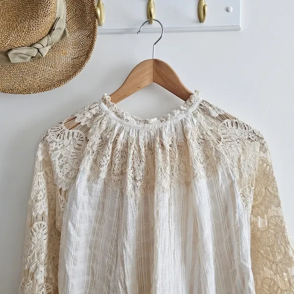 Anthropologie TRYB Rory Lace Babydoll Cotton Cream Bohemian Bell Sleeves Dress S