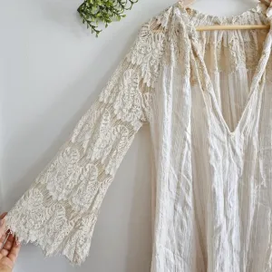 Anthropologie TRYB Rory Lace Babydoll Cotton Cream Bohemian Bell Sleeves Dress S