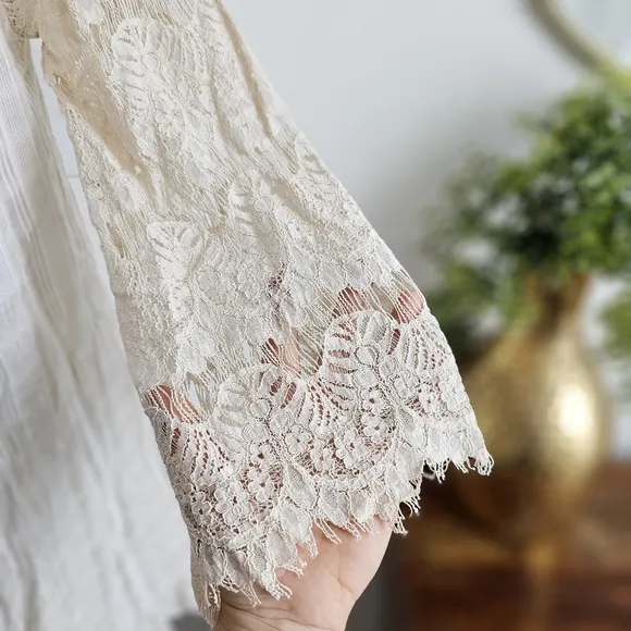 Anthropologie TRYB Rory Lace Babydoll Cotton Cream Bohemian Bell Sleeves Dress S