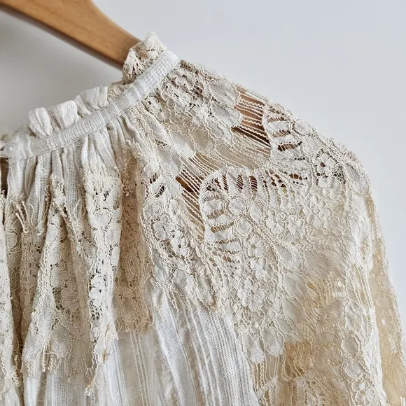 Anthropologie TRYB Rory Lace Babydoll Cotton Cream Bohemian Bell Sleeves Dress S