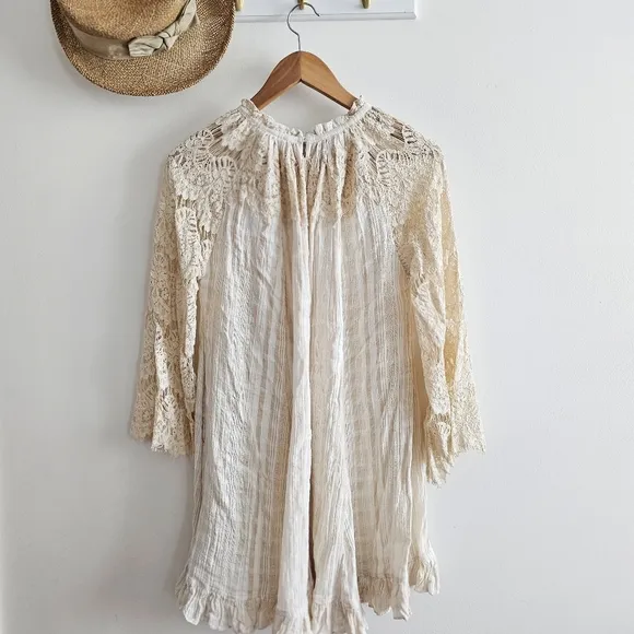 Anthropologie TRYB Rory Lace Babydoll Cotton Cream Bohemian Bell Sleeves Dress S