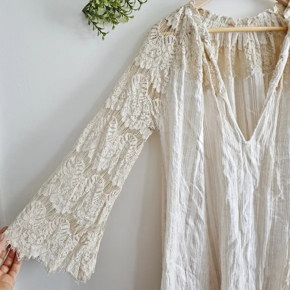 Anthropologie TRYB Rory Lace Babydoll Cotton Cream Bohemian Bell Sleeves Dress S