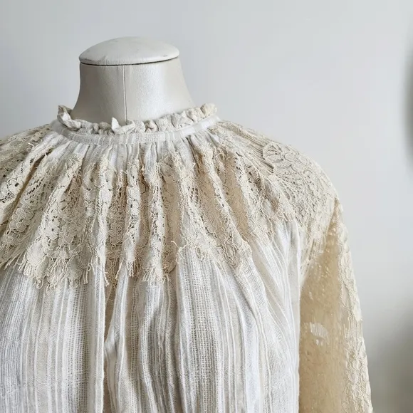 Anthropologie TRYB Rory Lace Babydoll Cotton Cream Bohemian Bell Sleeves Dress S