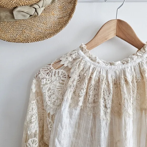 Anthropologie TRYB Rory Lace Babydoll Cotton Cream Bohemian Bell Sleeves Dress S
