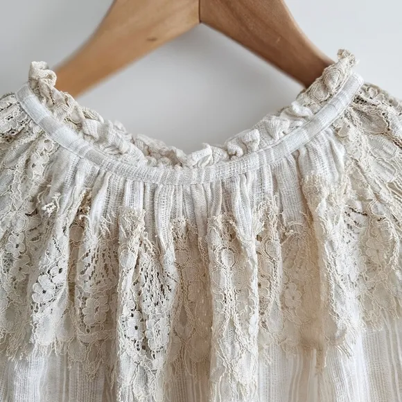 Anthropologie TRYB Rory Lace Babydoll Cotton Cream Bohemian Bell Sleeves Dress S