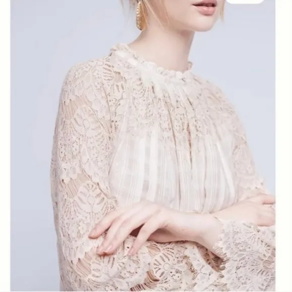 Anthropologie TRYB Rory Lace Babydoll Cotton Cream Bohemian Bell Sleeves Dress S