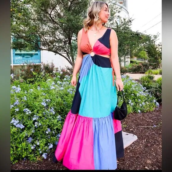 Anthropologie Geisha Designs Flounced Cut-Out Maxi Dress