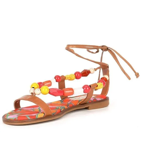 Antonio Melani | Loola Beaded Leather Ankle Wrap Flat Sandals