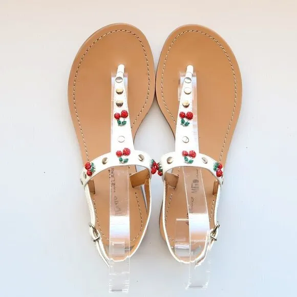 Antonio Melani White Leather &amp; Red Rhinestone Cherry Thong Flat Sandals 6.5