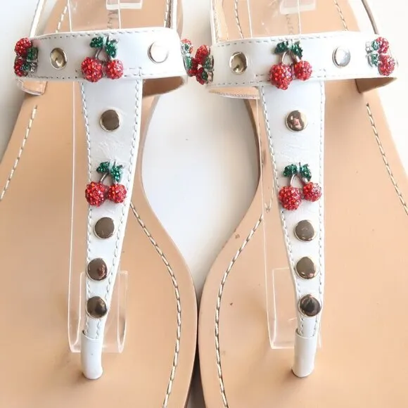 Antonio Melani White Leather &amp; Red Rhinestone Cherry Thong Flat Sandals 6.5