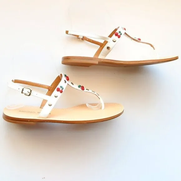 Antonio Melani White Leather &amp; Red Rhinestone Cherry Thong Flat Sandals 6.5