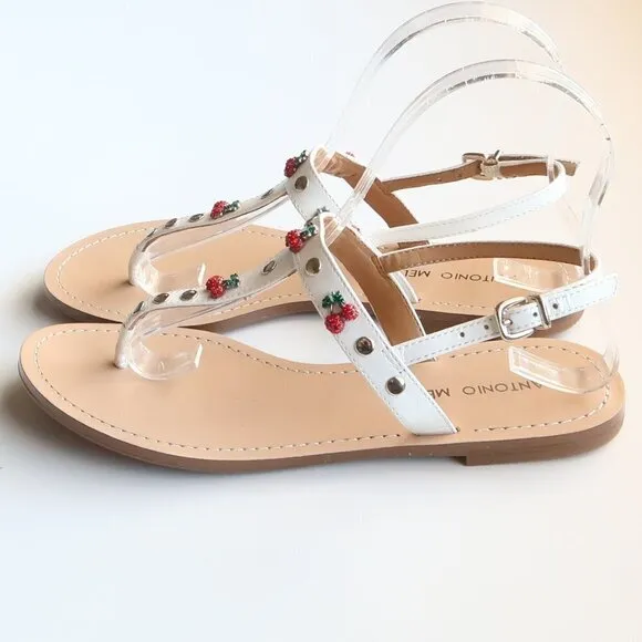 Antonio Melani White Leather &amp; Red Rhinestone Cherry Thong Flat Sandals 6.5