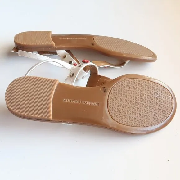 Antonio Melani White Leather &amp; Red Rhinestone Cherry Thong Flat Sandals 6.5