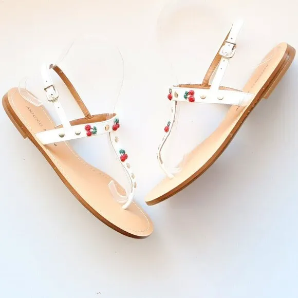 Antonio Melani White Leather &amp; Red Rhinestone Cherry Thong Flat Sandals 6.5