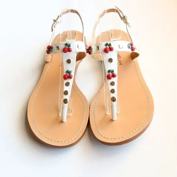 Antonio Melani White Leather &amp; Red Rhinestone Cherry Thong Flat Sandals 6.5