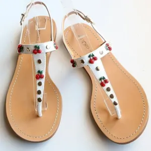 Antonio Melani White Leather &amp; Red Rhinestone Cherry Thong Flat Sandals 6.5