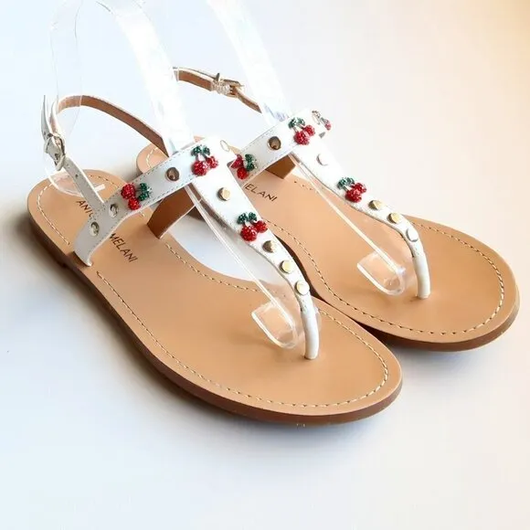 Antonio Melani White Leather &amp; Red Rhinestone Cherry Thong Flat Sandals 6.5
