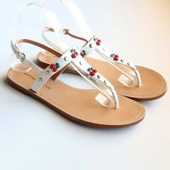 Antonio Melani White Leather &amp; Red Rhinestone Cherry Thong Flat Sandals 6.5