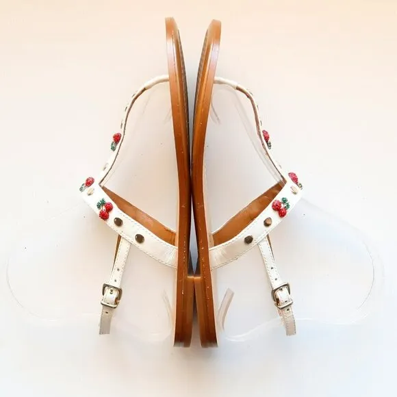 Antonio Melani White Leather &amp; Red Rhinestone Cherry Thong Flat Sandals 6.5