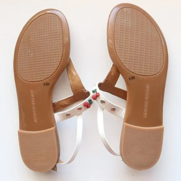Antonio Melani White Leather &amp; Red Rhinestone Cherry Thong Flat Sandals 6.5