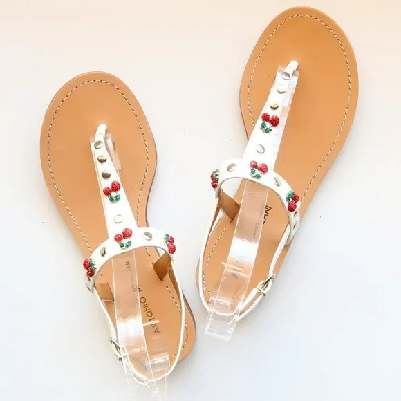 Antonio Melani White Leather &amp; Red Rhinestone Cherry Thong Flat Sandals 6.5