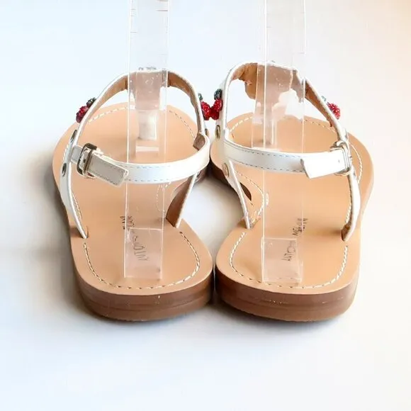 Antonio Melani White Leather &amp; Red Rhinestone Cherry Thong Flat Sandals 6.5