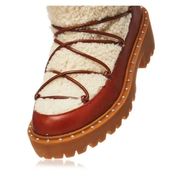 AQUA Womens Brown Studded Fuzz Round Toe Block Heel Leather Snow Boots 7 M