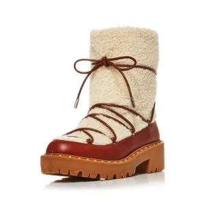 AQUA Womens Brown Studded Fuzz Round Toe Block Heel Leather Snow Boots 7 M