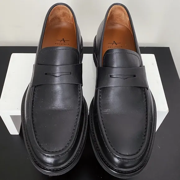 Aquatalia Kurt Black Leather Platform Penny Loafers 8 Italy Nordstrom