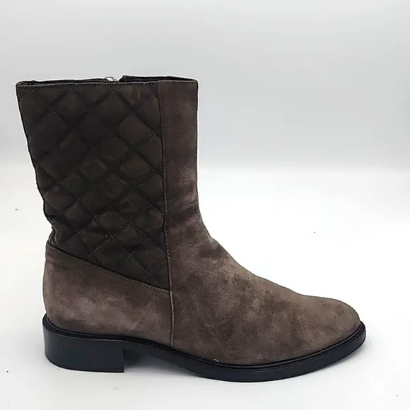 AQUATALIA Taupe/Gray-Brown Suede Mid-calf Boots with Diamond Quilting Detail, 7
