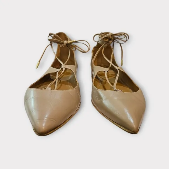 Aquazzura Beige Leather Chrstie Ankle Wrap Pointed Toe Flats
