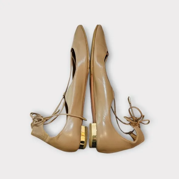 Aquazzura Beige Leather Chrstie Ankle Wrap Pointed Toe Flats