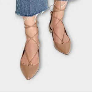 Aquazzura Beige Leather Chrstie Ankle Wrap Pointed Toe Flats
