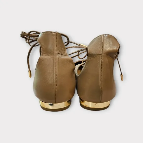 Aquazzura Beige Leather Chrstie Ankle Wrap Pointed Toe Flats
