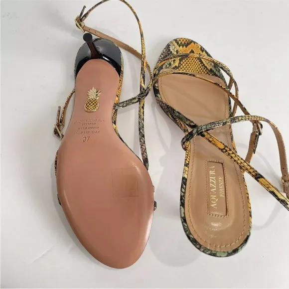 Aquazzura Carolyne Sandals Size 37 Kenya Snake Print 2.5&quot; Heel Strappy