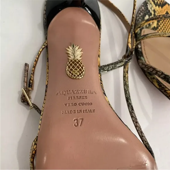 Aquazzura Carolyne Sandals Size 37 Kenya Snake Print 2.5&quot; Heel Strappy
