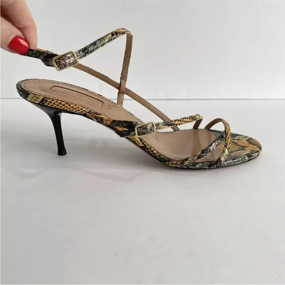 Aquazzura Carolyne Sandals Size 37 Kenya Snake Print 2.5&quot; Heel Strappy