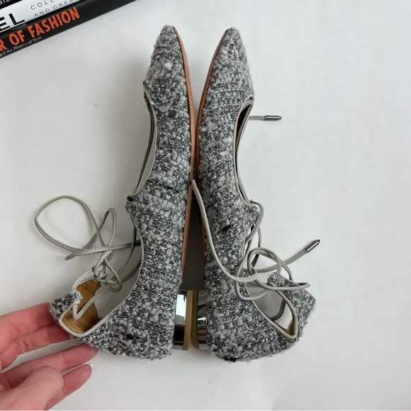 Aquazzura Christy Tweed Lace Up Ballet Flats 37 Gray Silver Pointed Toe