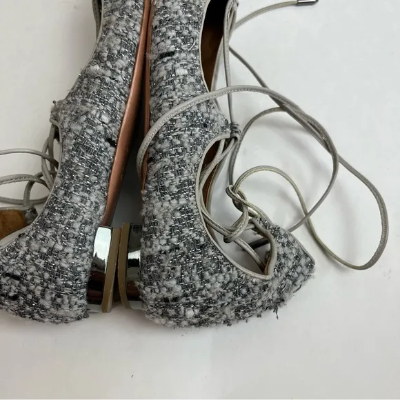Aquazzura Christy Tweed Lace Up Ballet Flats 37 Gray Silver Pointed Toe