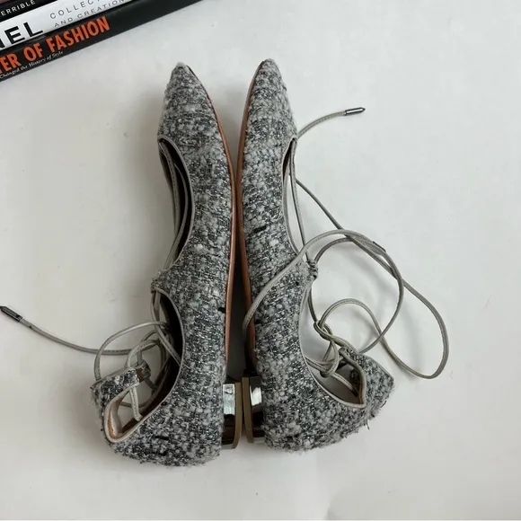 Aquazzura Christy Tweed Lace Up Ballet Flats 37 Gray Silver Pointed Toe