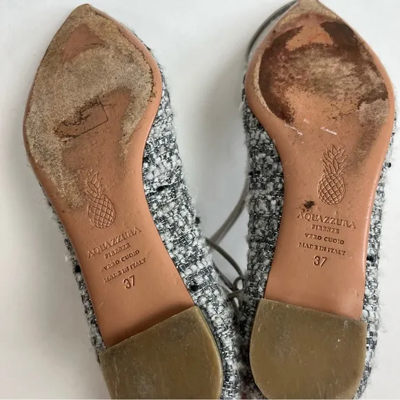 Aquazzura Christy Tweed Lace Up Ballet Flats 37 Gray Silver Pointed Toe