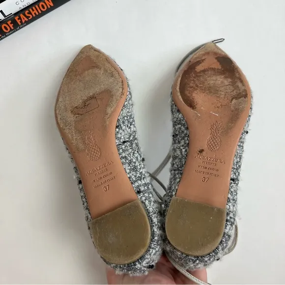 Aquazzura Christy Tweed Lace Up Ballet Flats 37 Gray Silver Pointed Toe