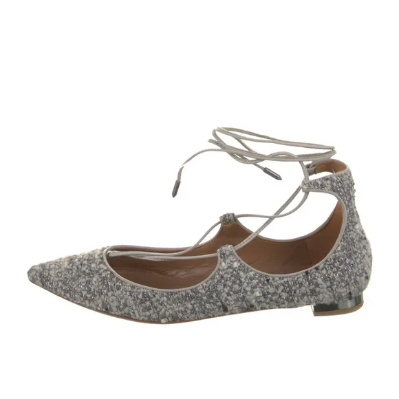Aquazzura Christy Tweed Lace Up Ballet Flats 37 Gray Silver Pointed Toe
