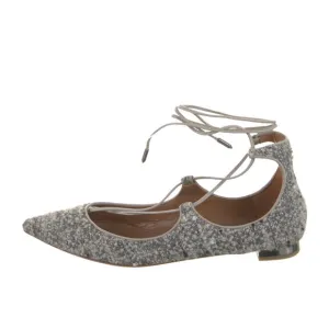 Aquazzura Christy Tweed Lace Up Ballet Flats 37 Gray Silver Pointed Toe