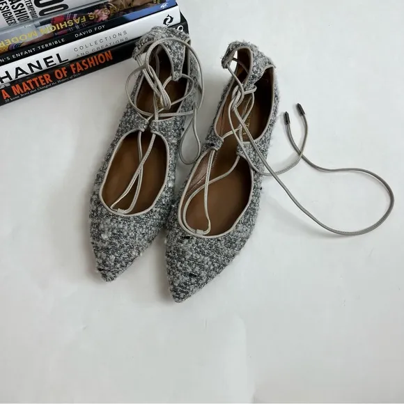 Aquazzura Christy Tweed Lace Up Ballet Flats 37 Gray Silver Pointed Toe