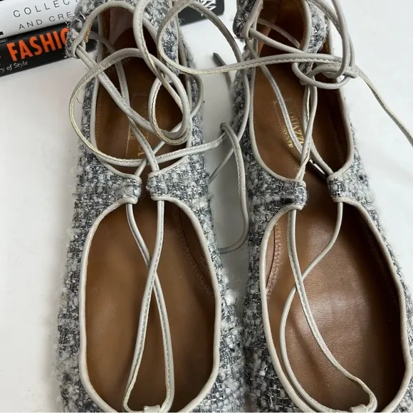 Aquazzura Christy Tweed Lace Up Ballet Flats 37 Gray Silver Pointed Toe