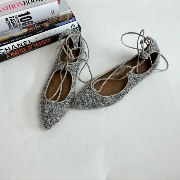 Aquazzura Christy Tweed Lace Up Ballet Flats 37 Gray Silver Pointed Toe